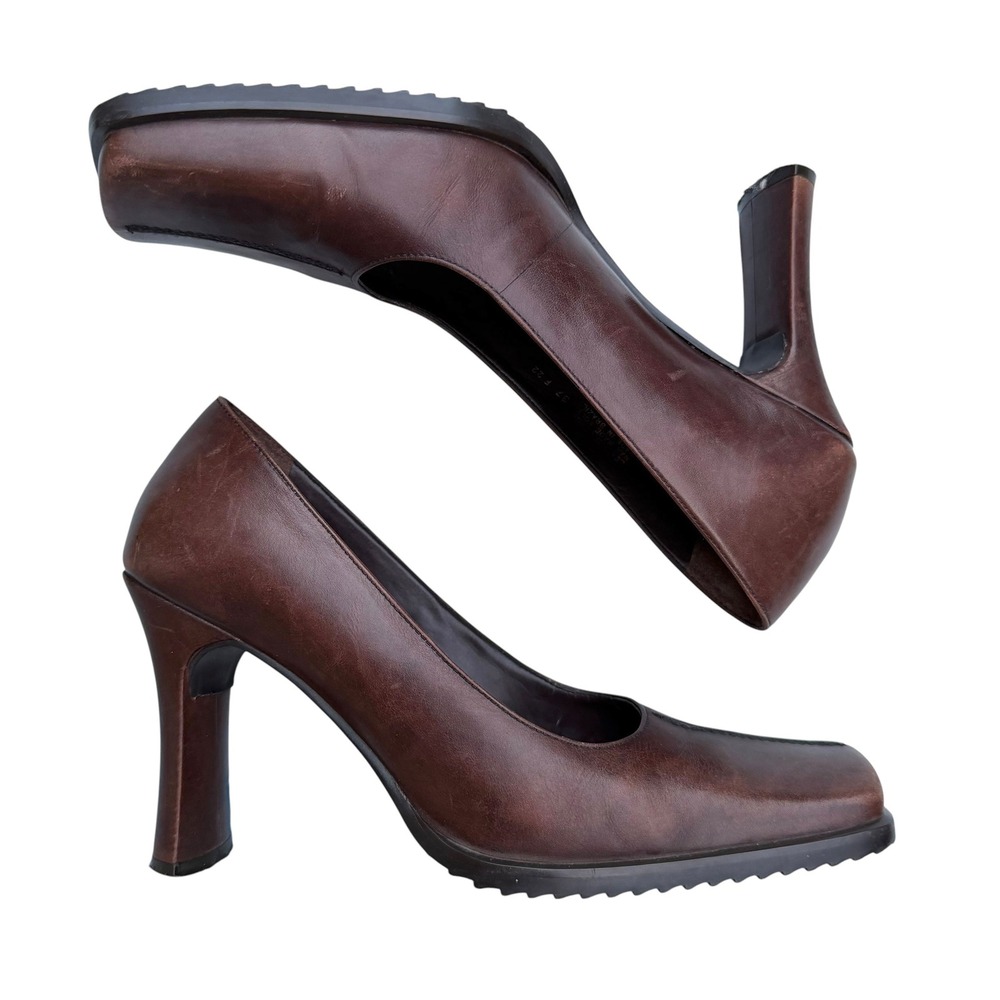 Aldo Brown Leather Square Toe Pumps Flared‎ Heel  Dark Academia Old Money 6.5–